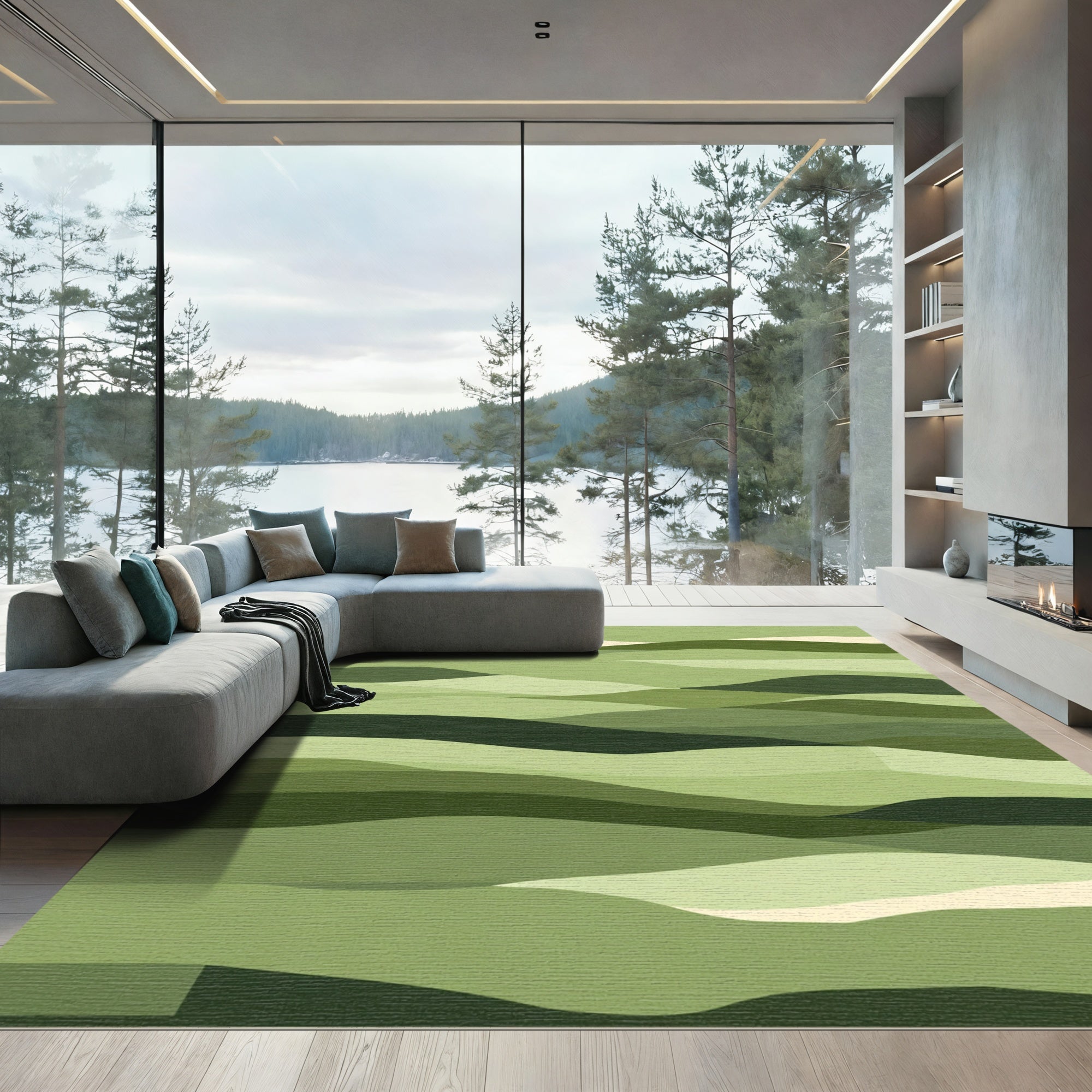 Shaded Green Abstract Landscape Waves Rug