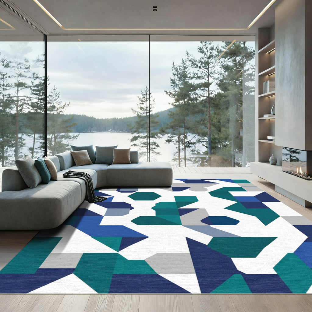 Modern Blue Teal Geometric Abstraction Rug