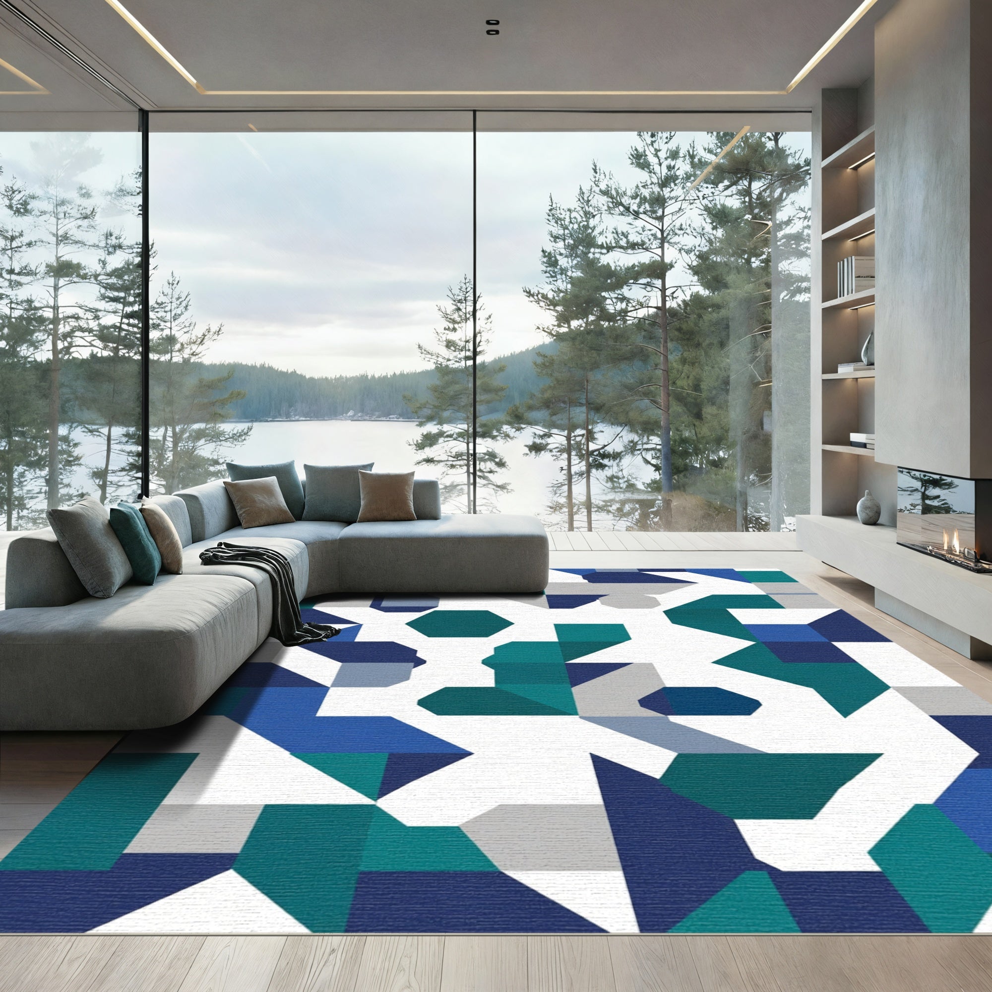 Modern Blue Teal Geometric Abstraction Rug