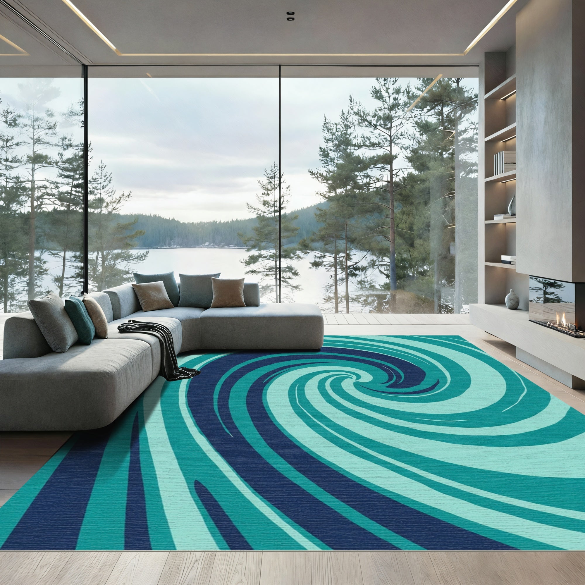 Teal Deep Blue Swirl Abstract Rug