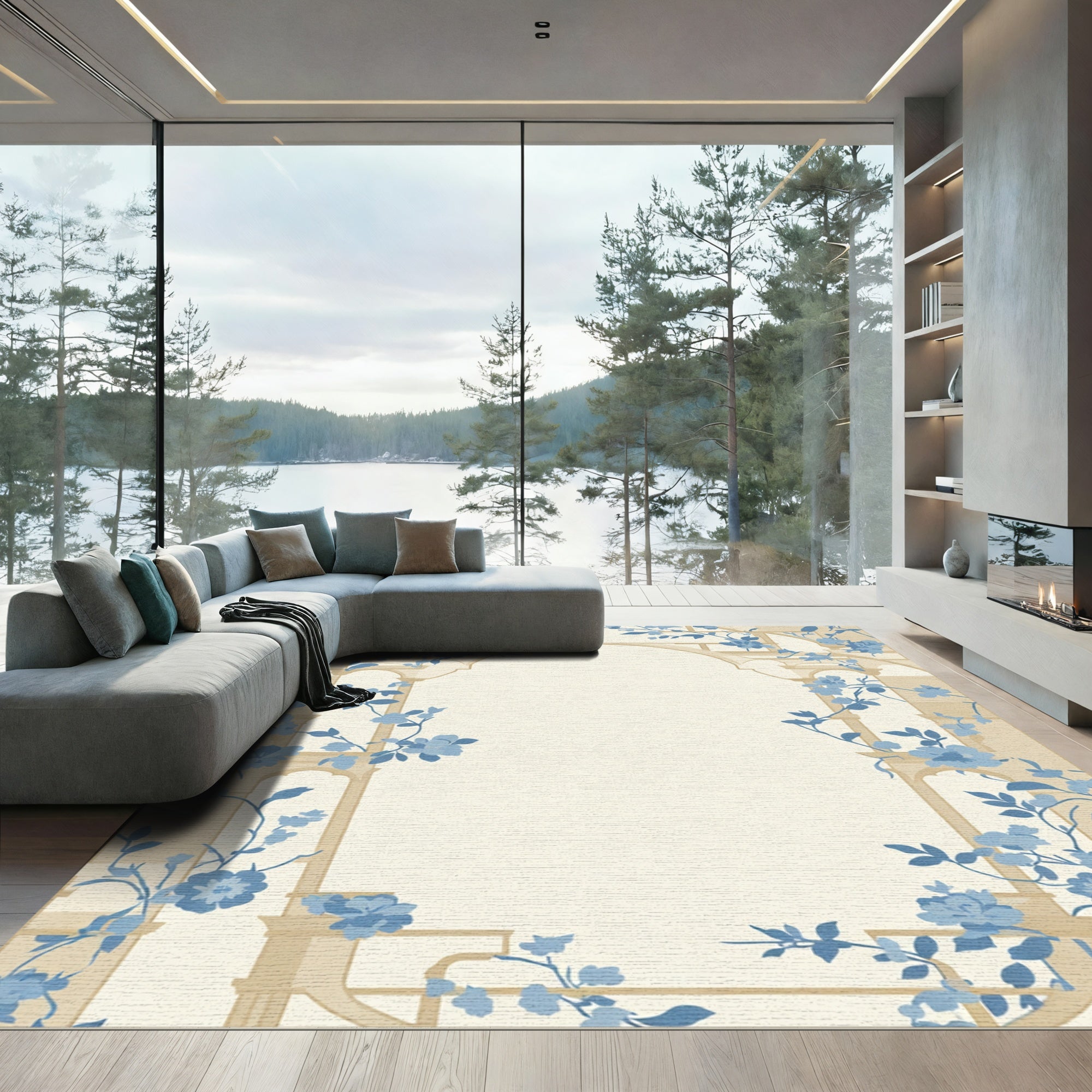 Blue Floral Archway Garden Tapestry Rug