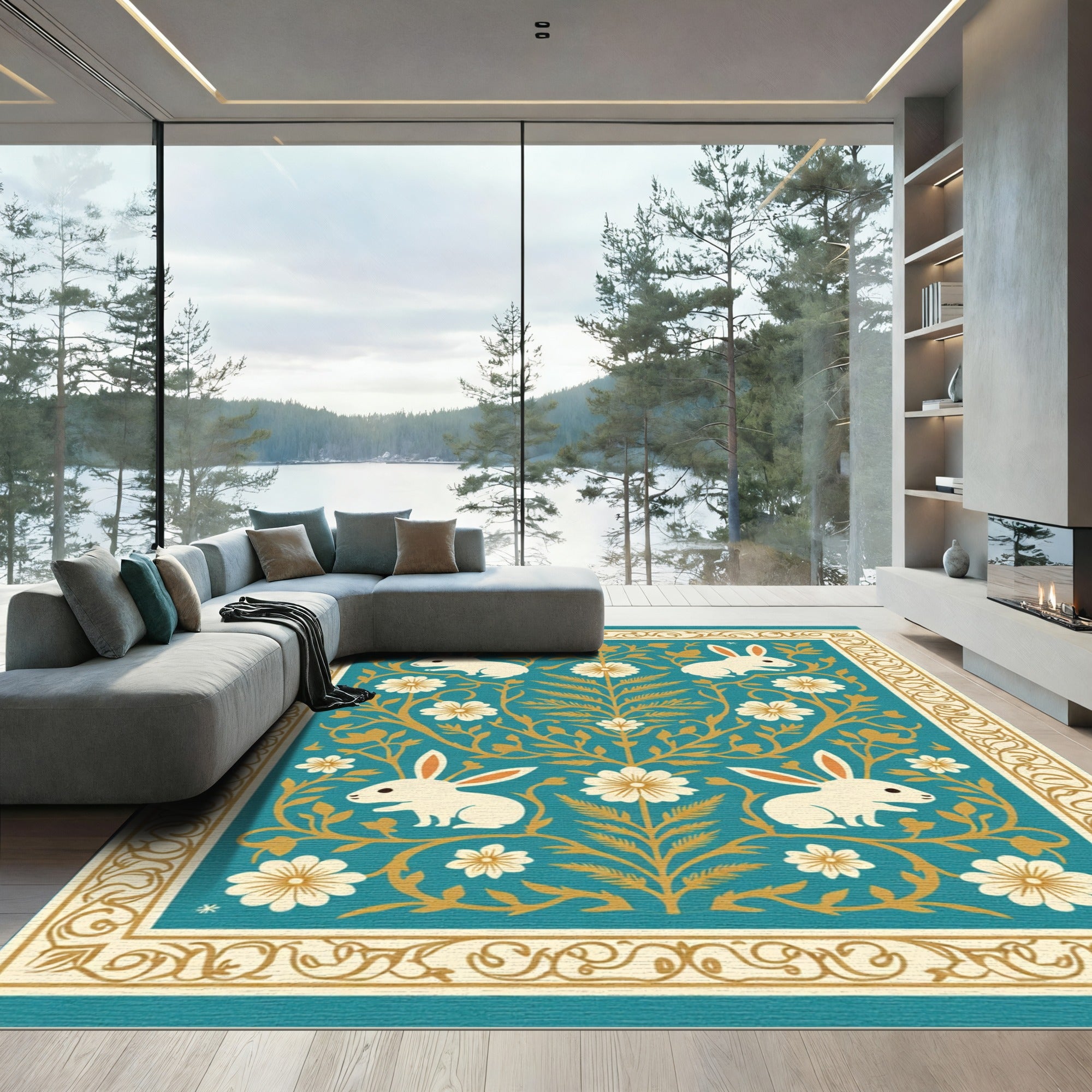 Turquoise Floral Bunny Art Rug