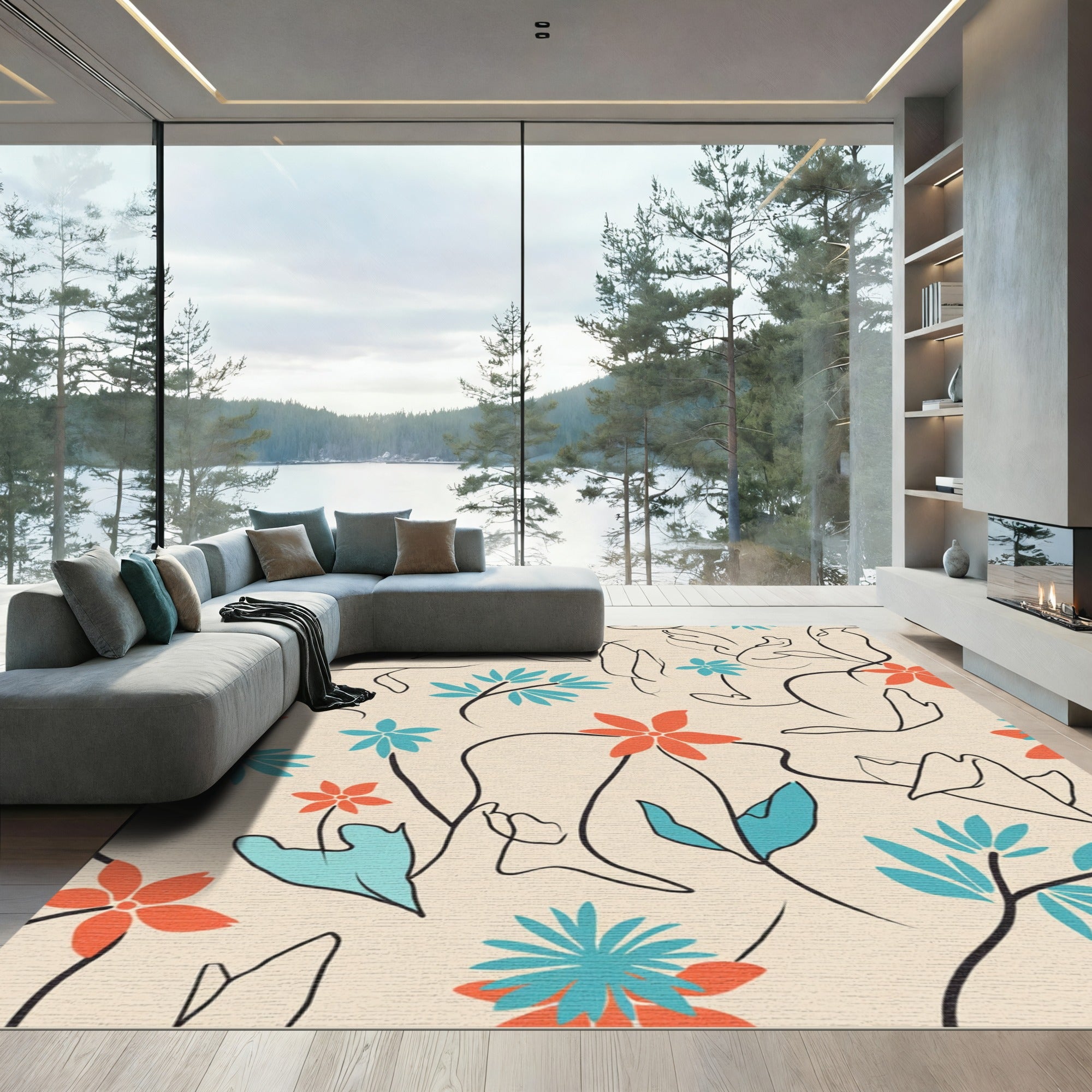 Coral Teal Flowery Outline Vines Rug