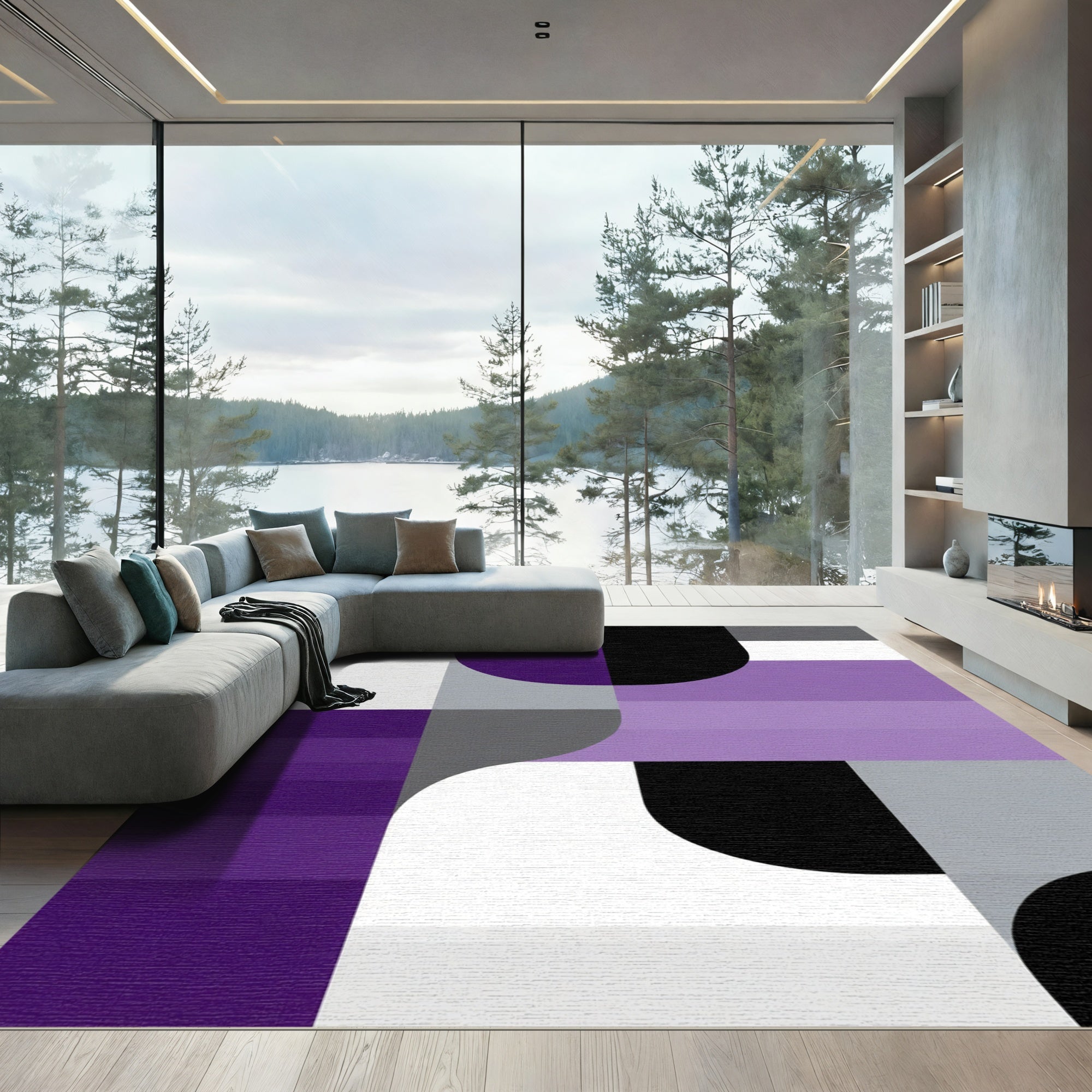 Modern Purple Black Geometric Abstraction Rug