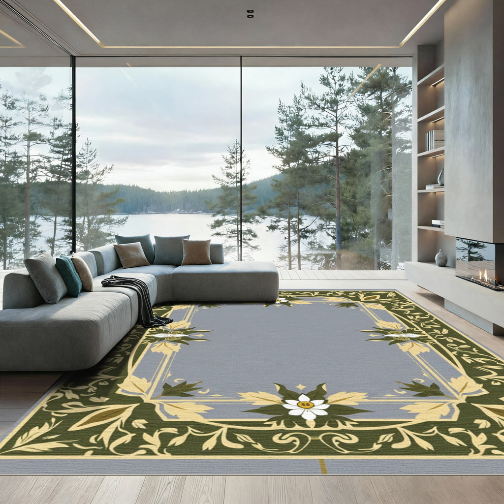 Green White Floral Bordered Art Rug