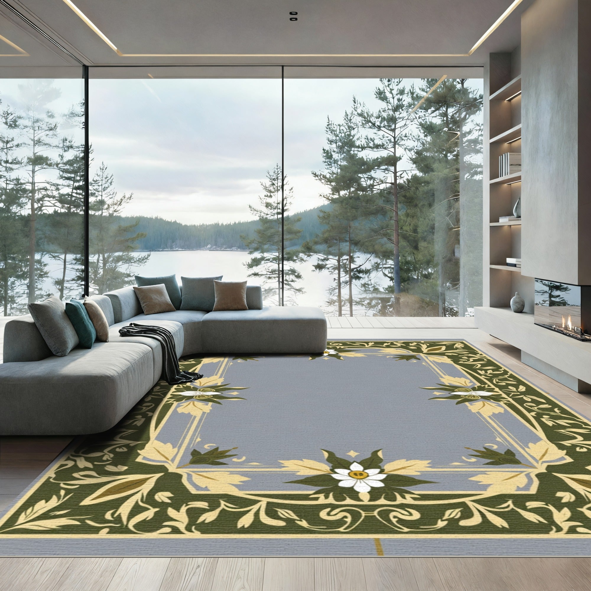Green White Floral Bordered Art Rug