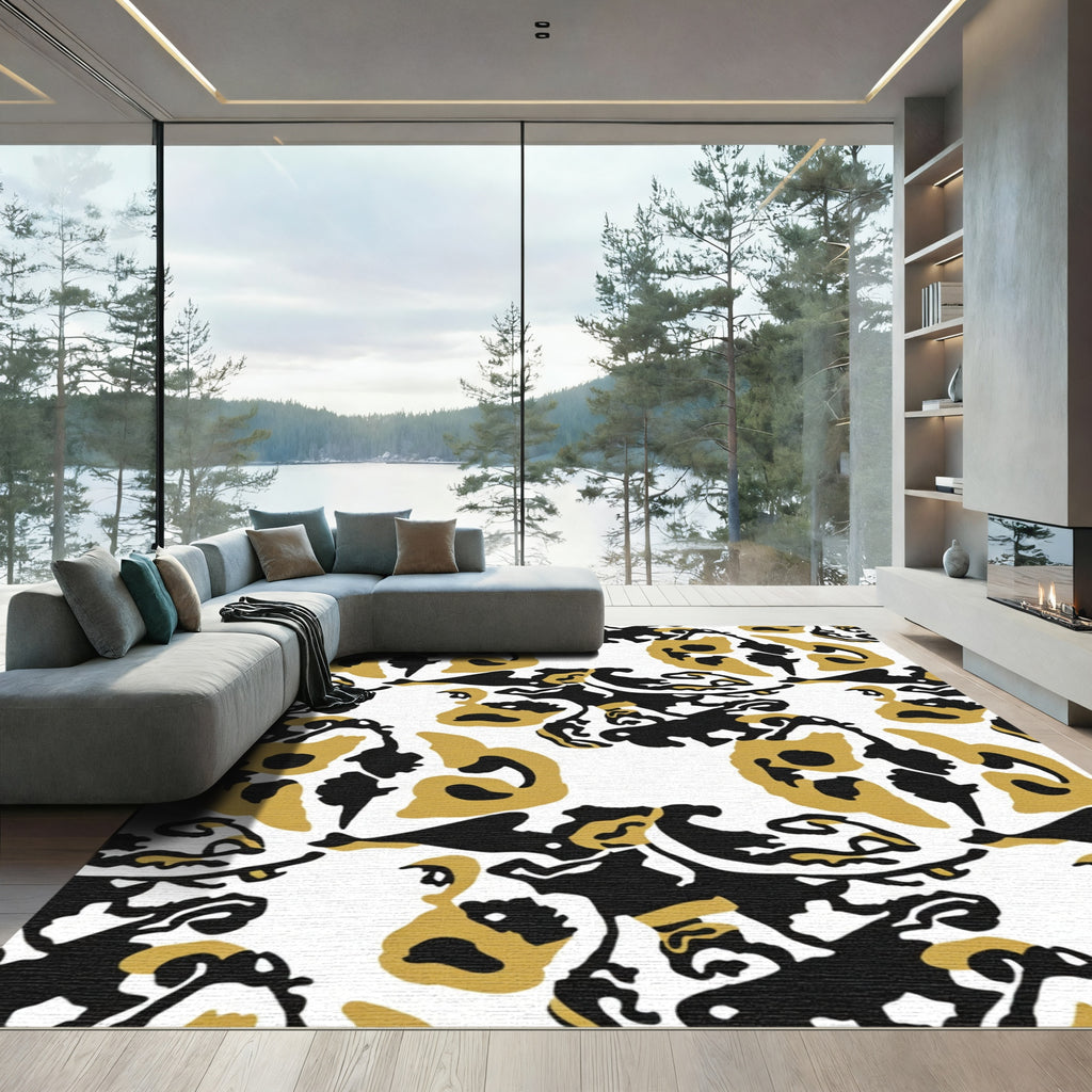 Abstract Black Gold Clouded Shapes Rug