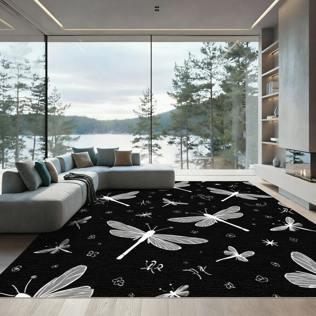 White Dragonflies on Black Field Rug