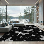 White Dragonflies on Black Field Rug