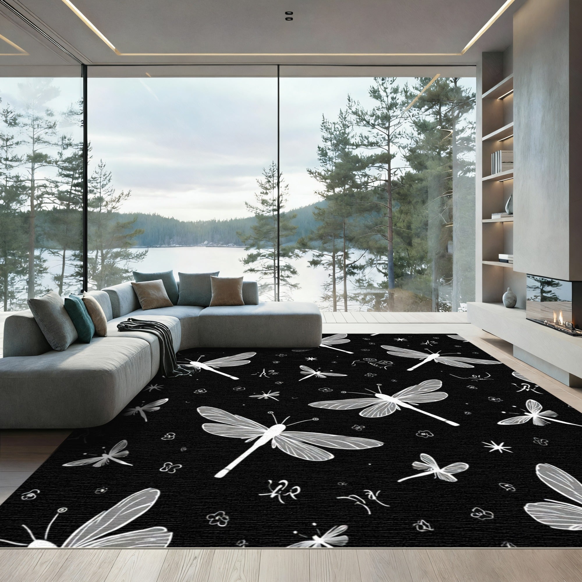 White Dragonflies on Black Field Rug