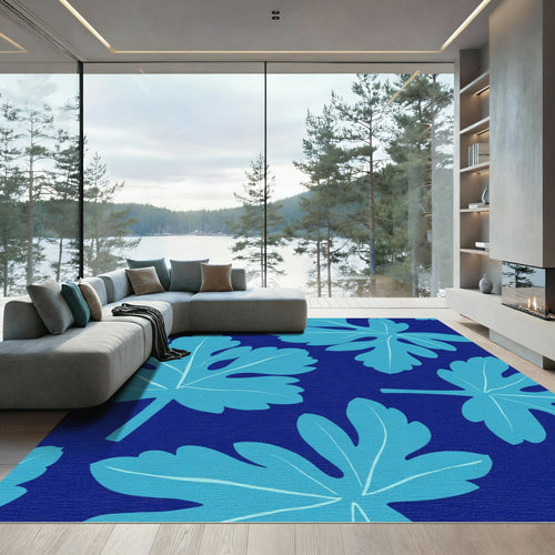 Aqua Leaf Navy Blue Composition Rug