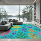 Bright Floral Botanical Coral Ferns Rug
