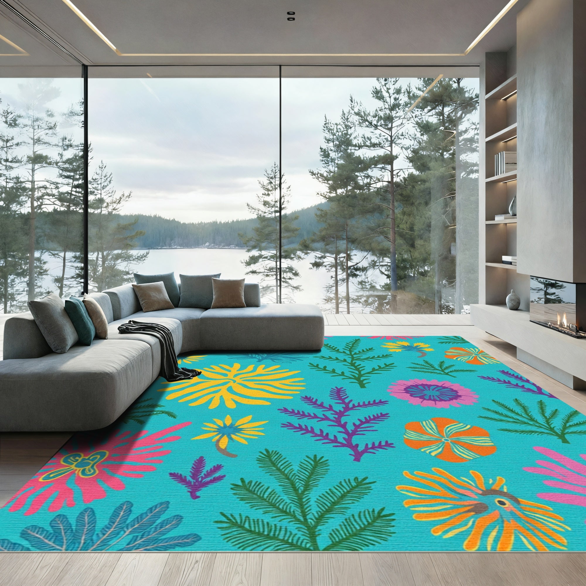 Bright Floral Botanical Coral Ferns Rug