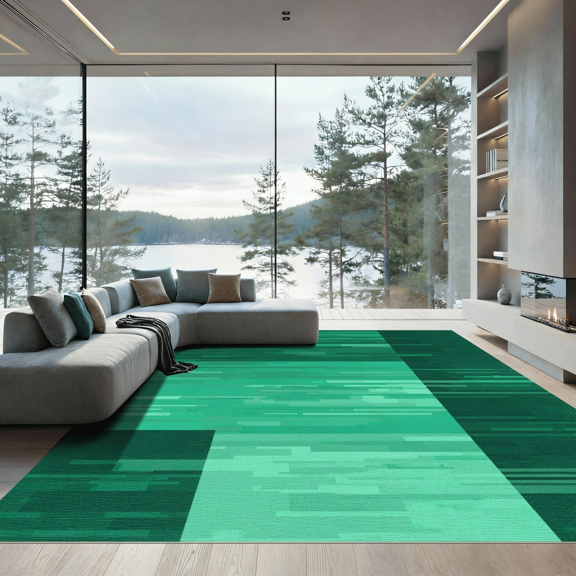 Teal Horizontal Glitch Rectangles Rug
