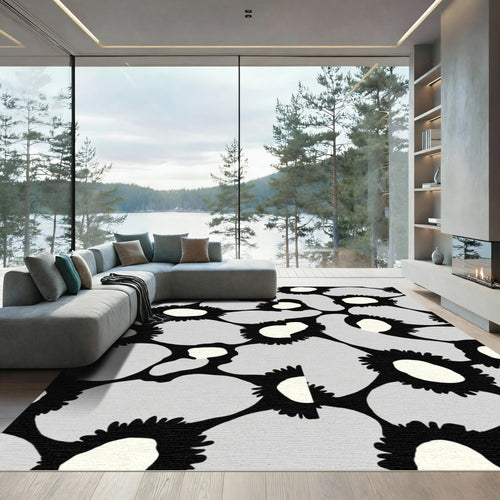 Abstract Floral Gray Cream Black Rug