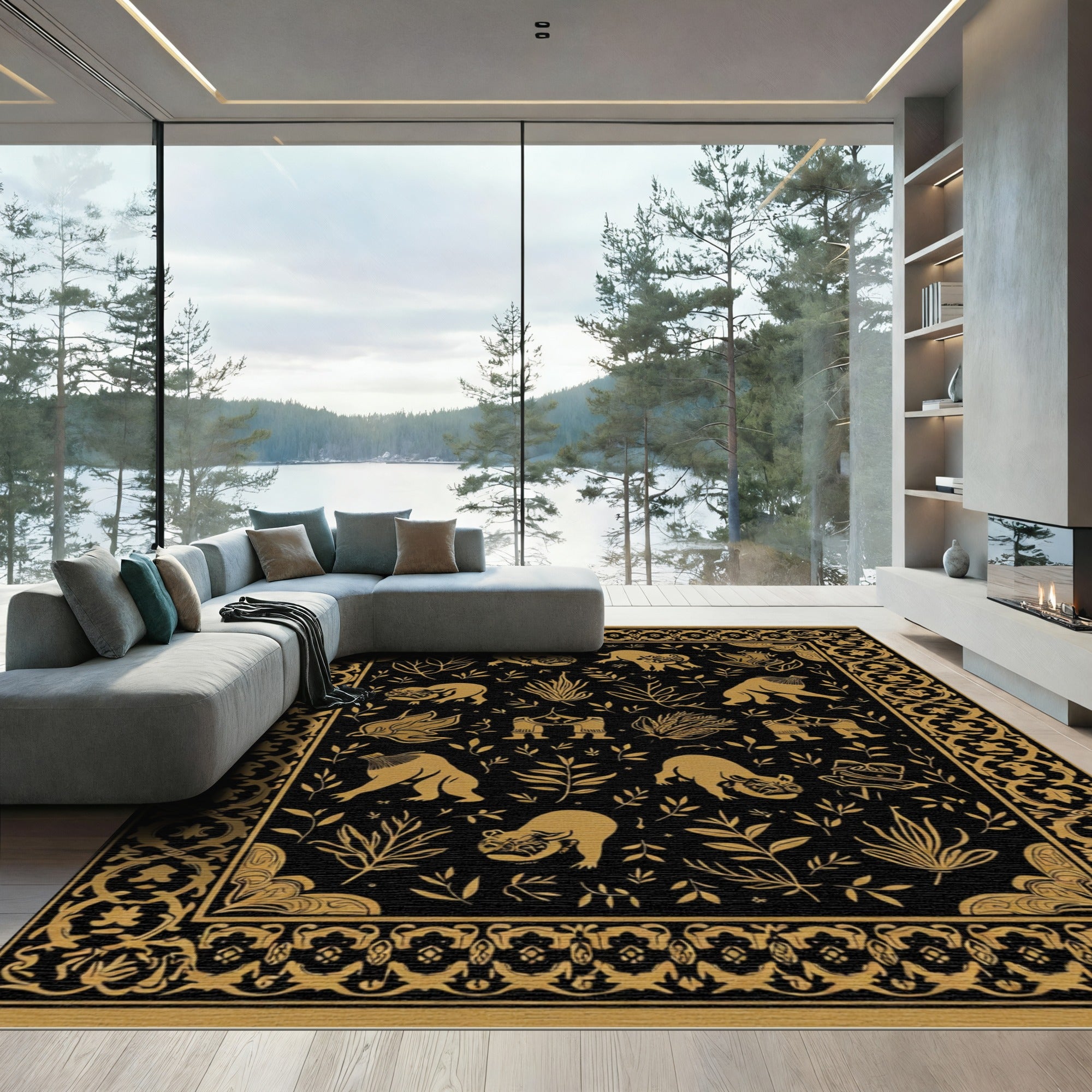 Golden Feline Flora Ornate Border Rug