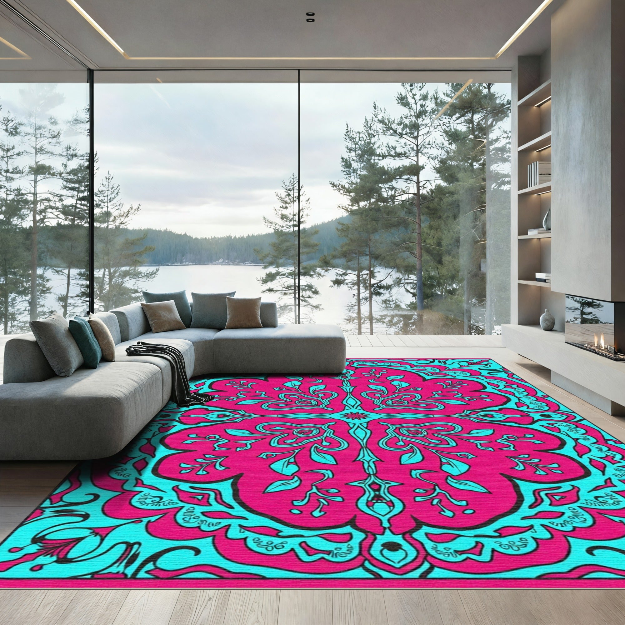 Vibrant Magenta Teal Floral Symmetry Rug
