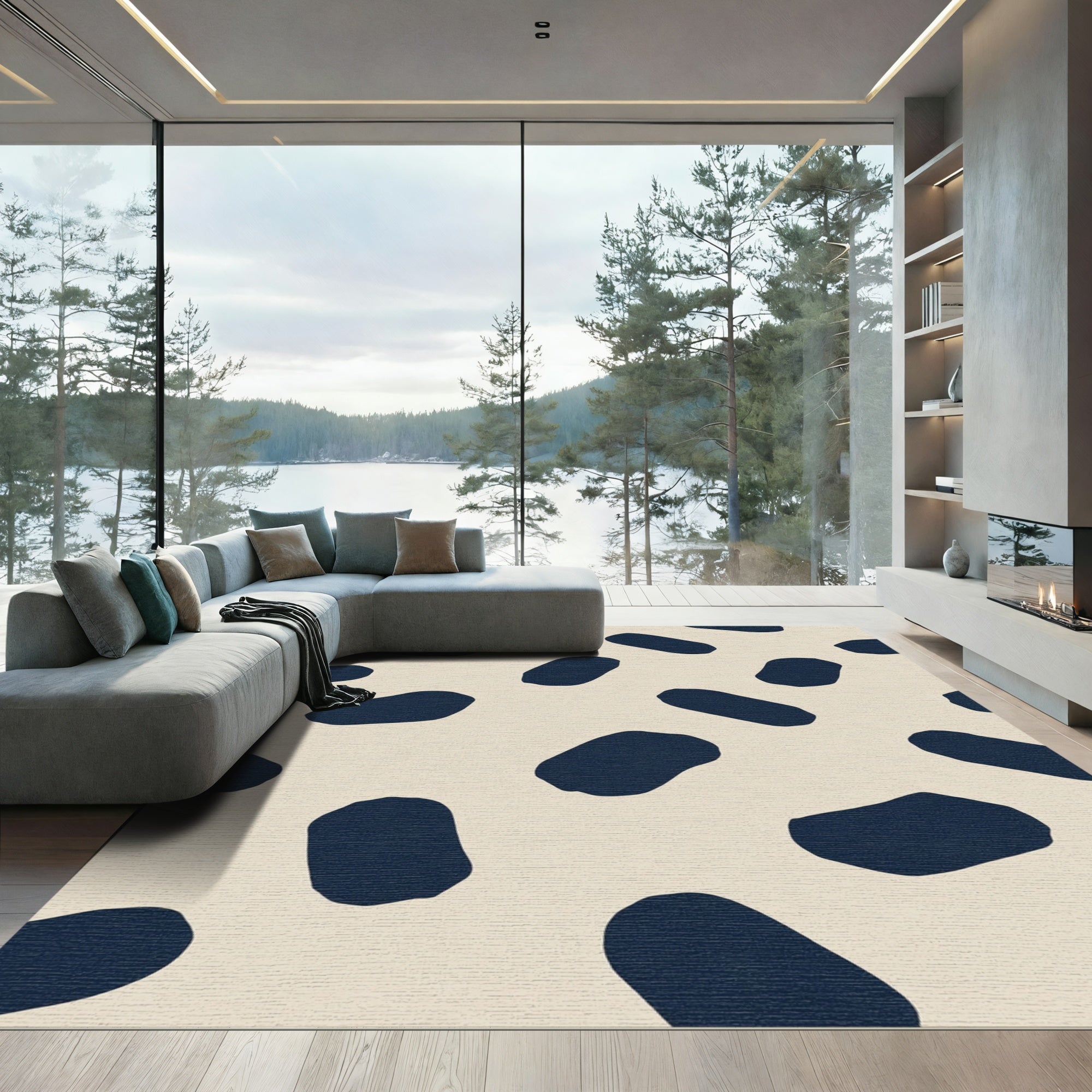 Navy Stains Beige Abstract Rug
