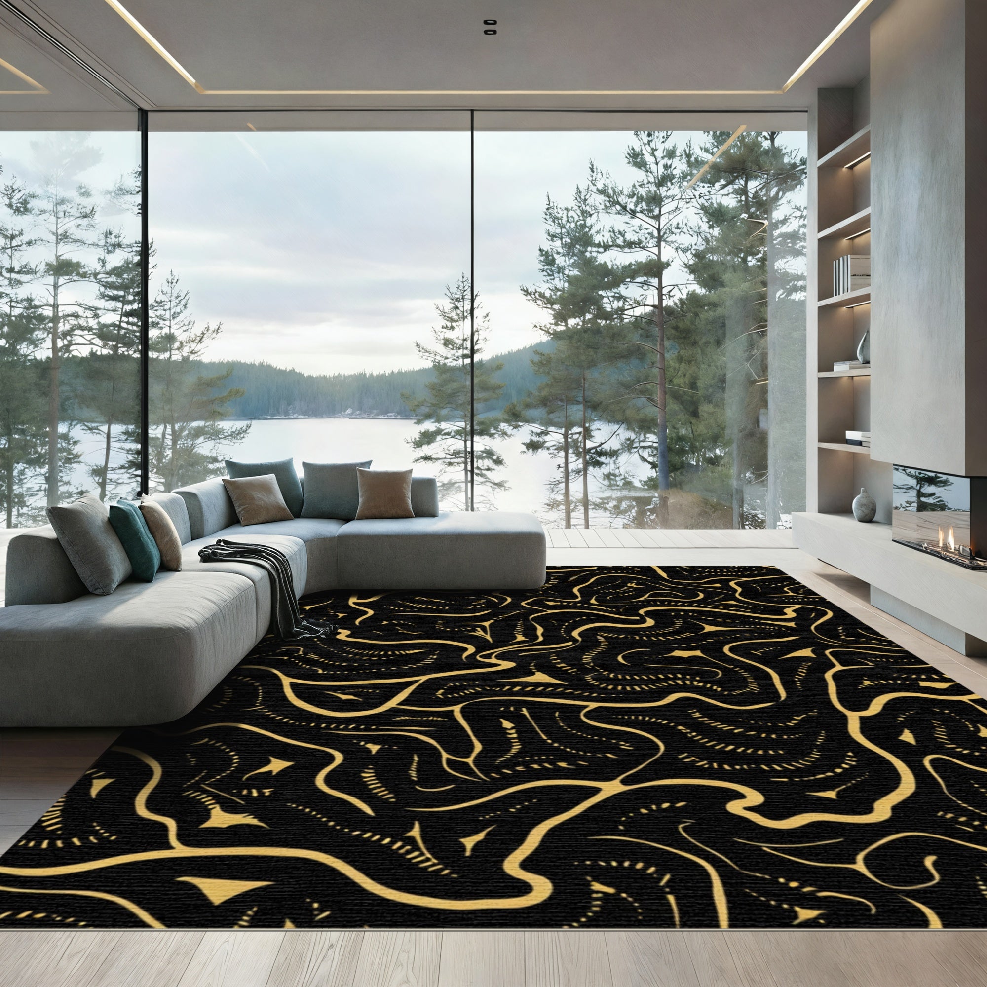 Gold Winding Lines on Black Canvas Rug
