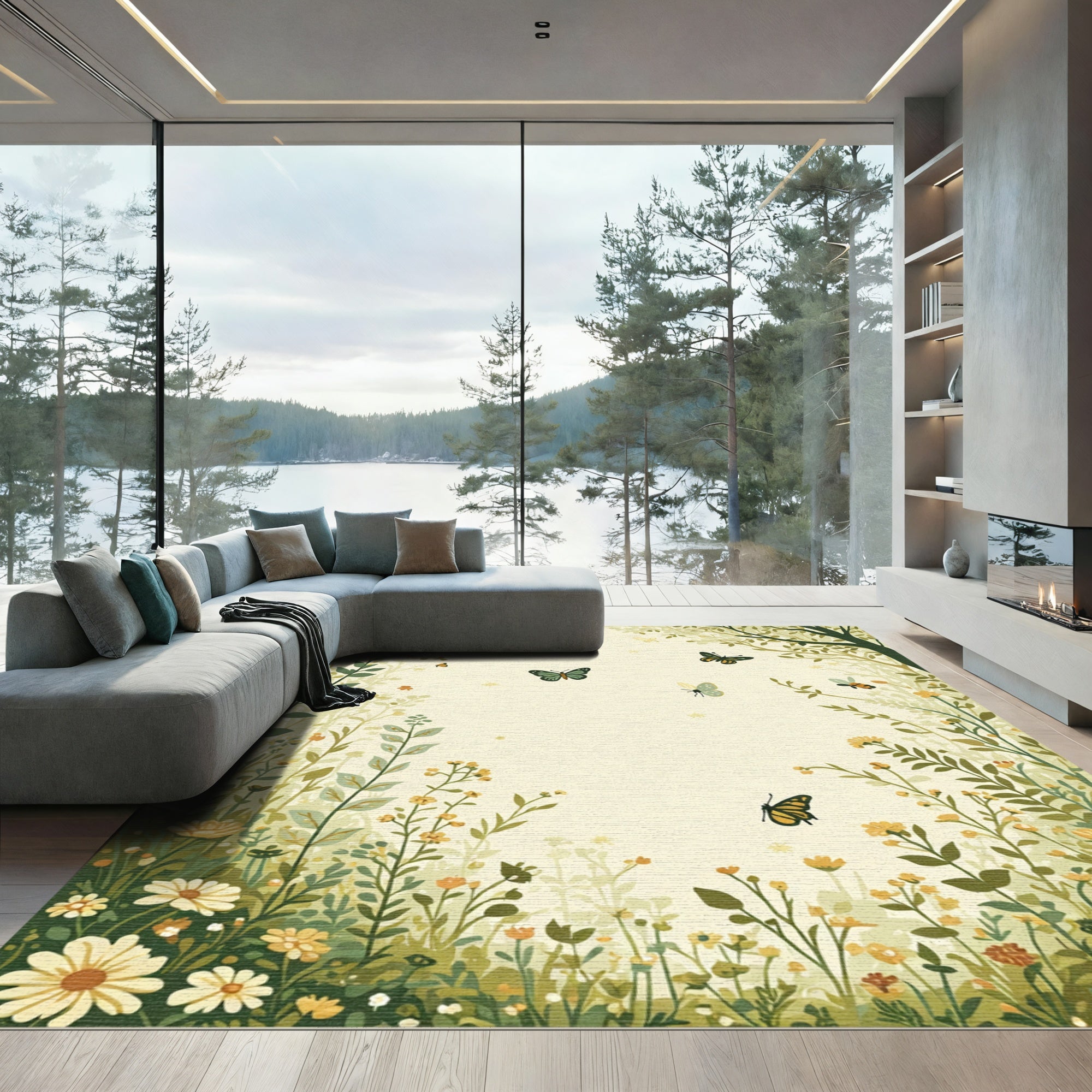 Whimsical Garden Butterflies Meadow Scene Rug