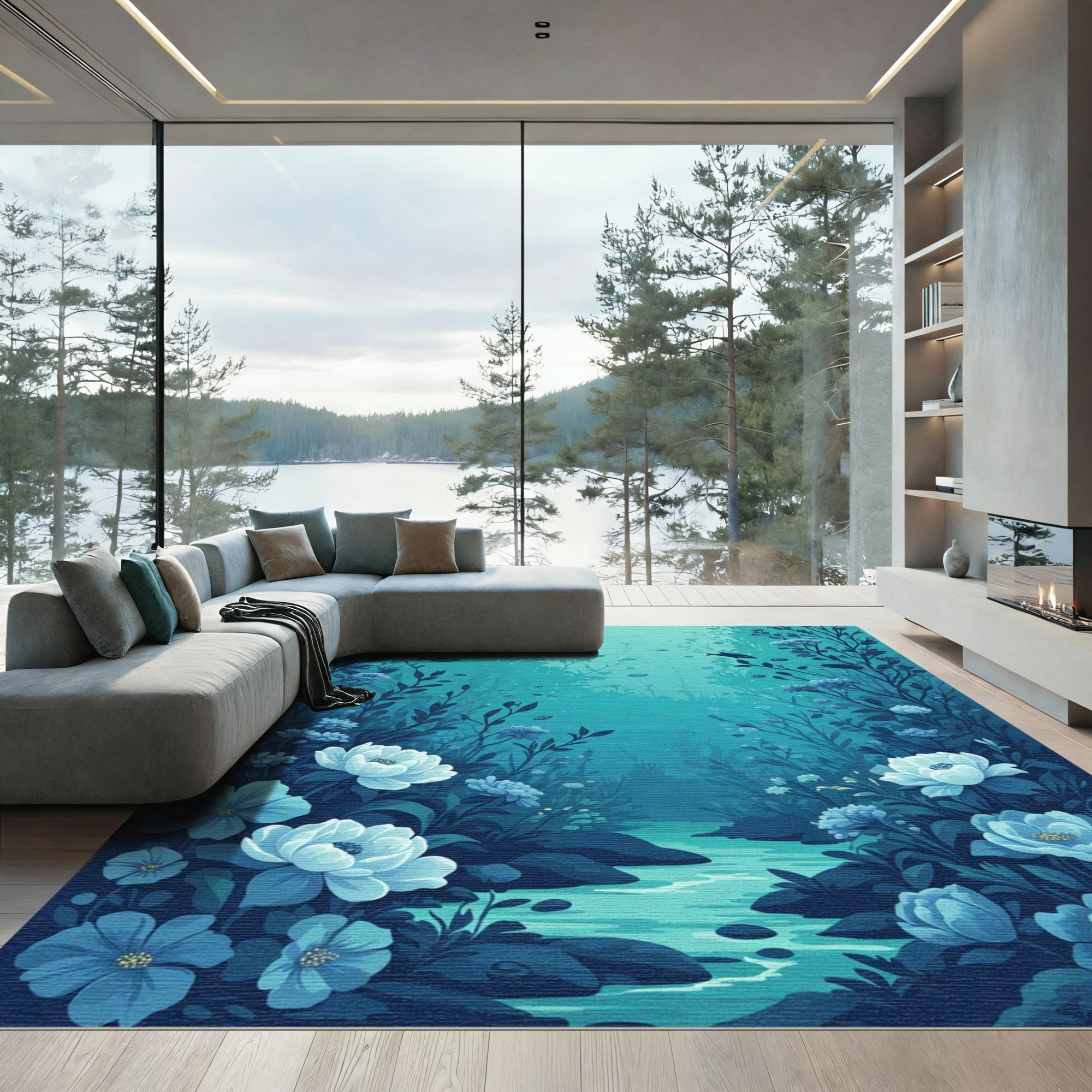 Deep Blue Underwater Floral Garden Rug