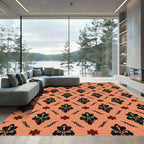 Terracotta Black Floral Damask Medallion Rug