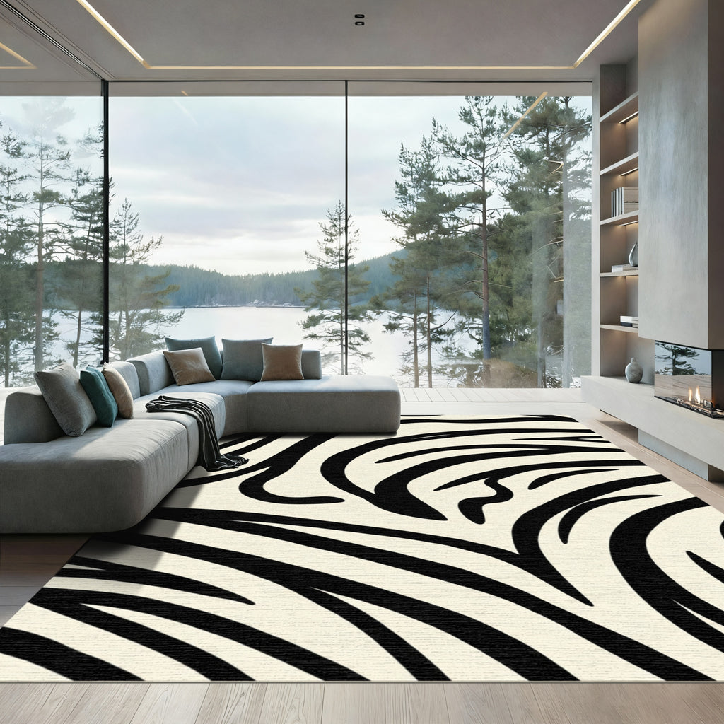 Off White Black Abstract Zebra Stripes Rug