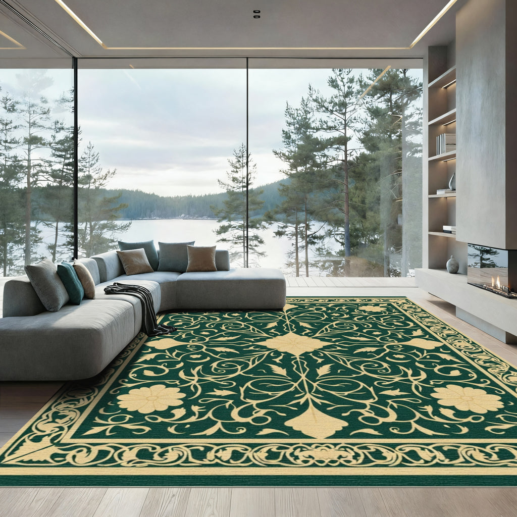 Emerald Beige Floral Vine Rectangular Rug