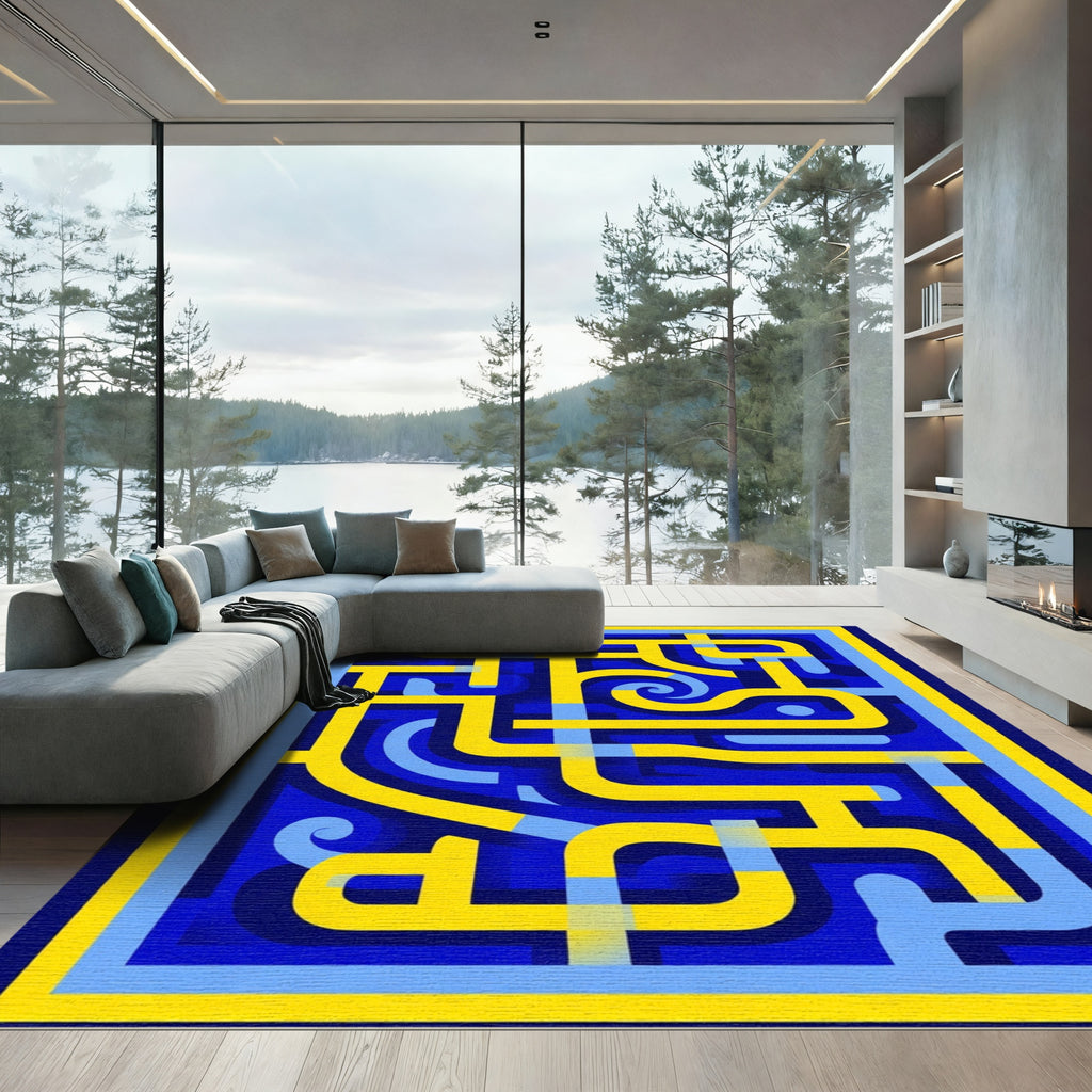 Bold Yellow Blue Geometric Maze Rug