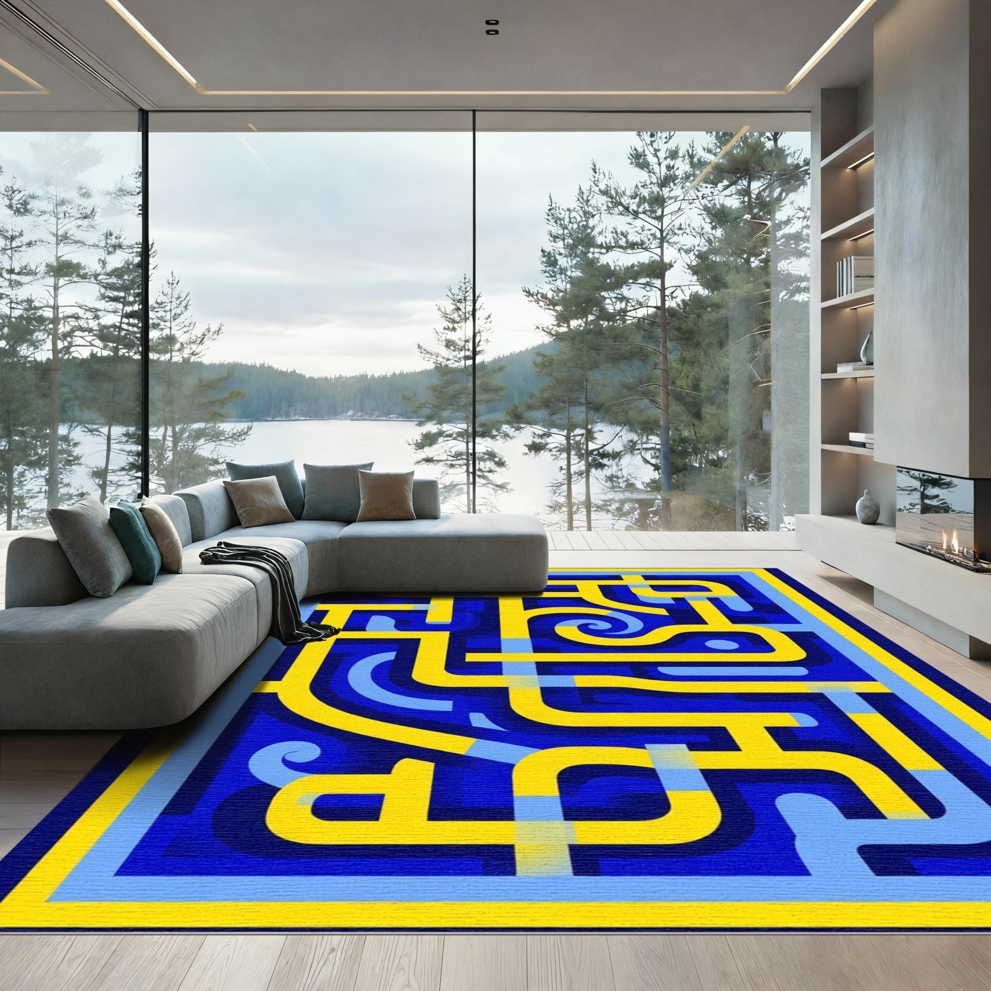 Bold Yellow Blue Geometric Maze Rug