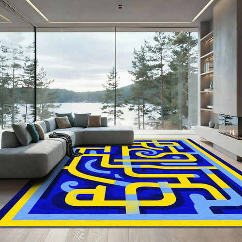 Bold Yellow Blue Geometric Maze Rug
