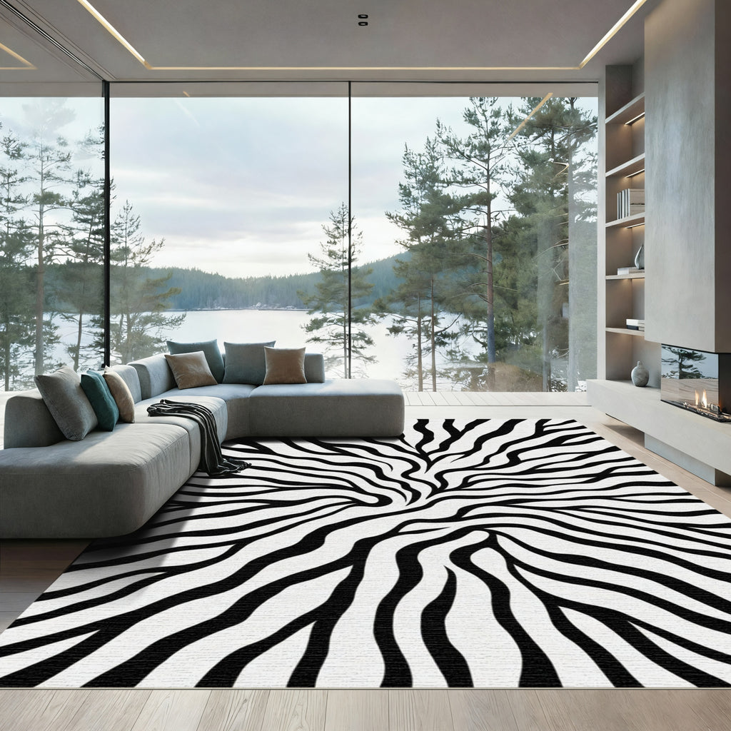 Bold Black White Swirl Animal Print Rug