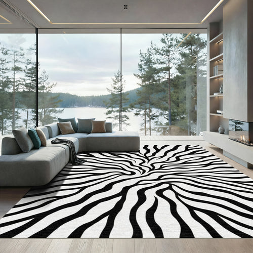 Bold Black White Swirl Animal Print Rug