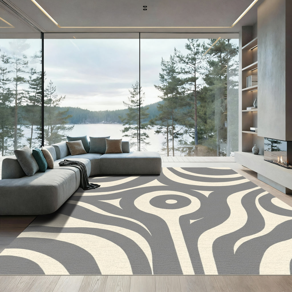 Gray Cream Abstract Swirling Curves Rug