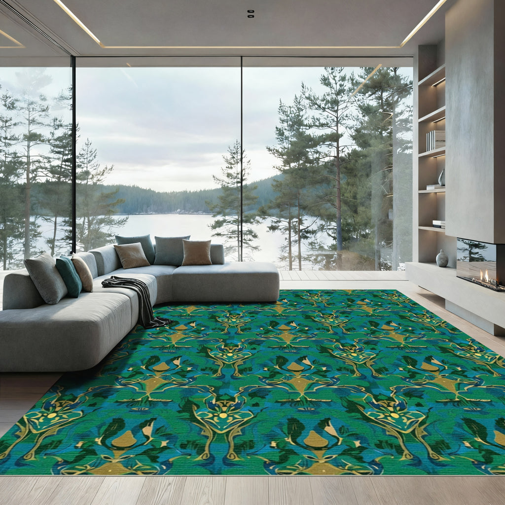 Emerald Gold Abstract Damask Rug