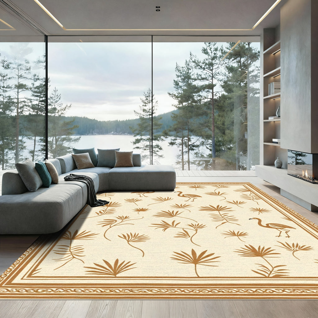 Golden Flamingo Tropical Leaf Border Rug