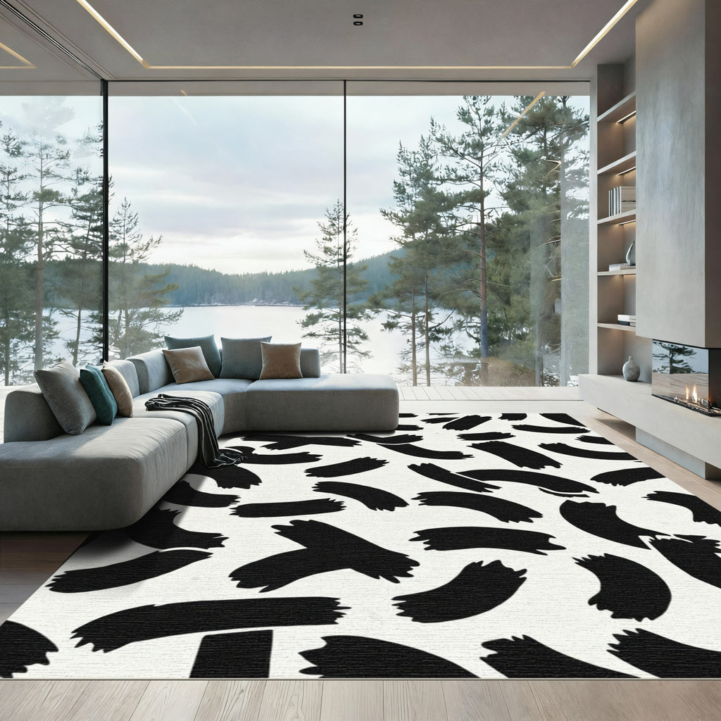 Black Brushstroke Swirl Abstract Rug
