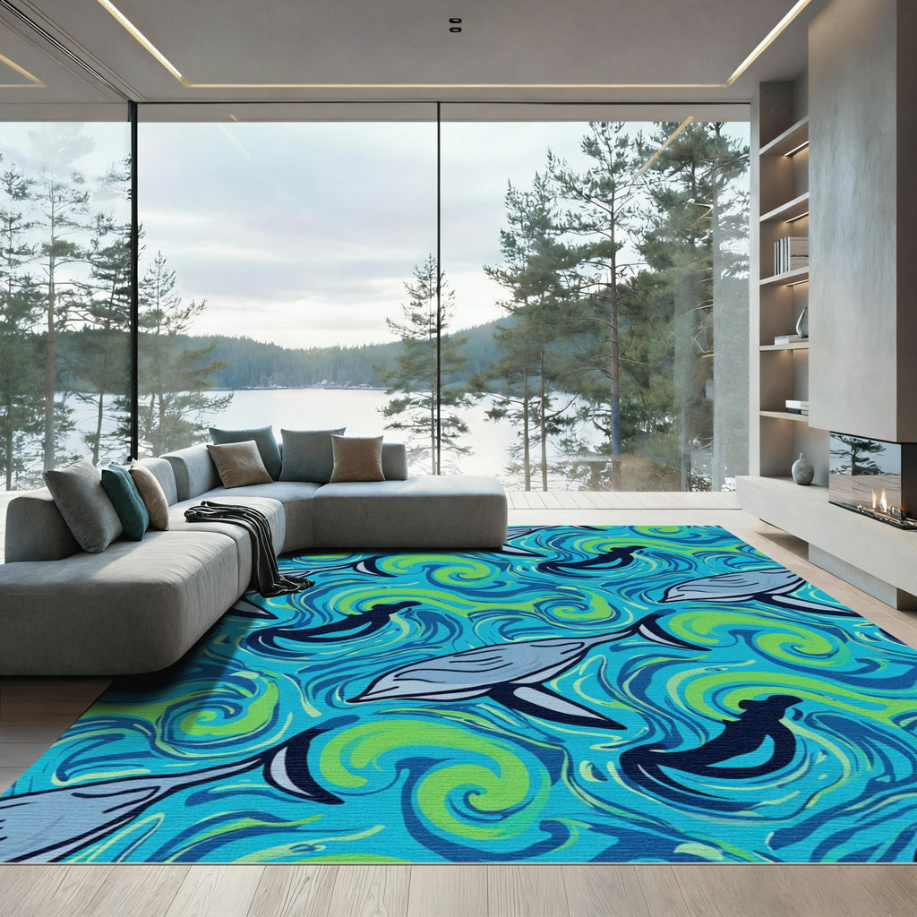 Blue Green Ocean Whales Swirls Rug