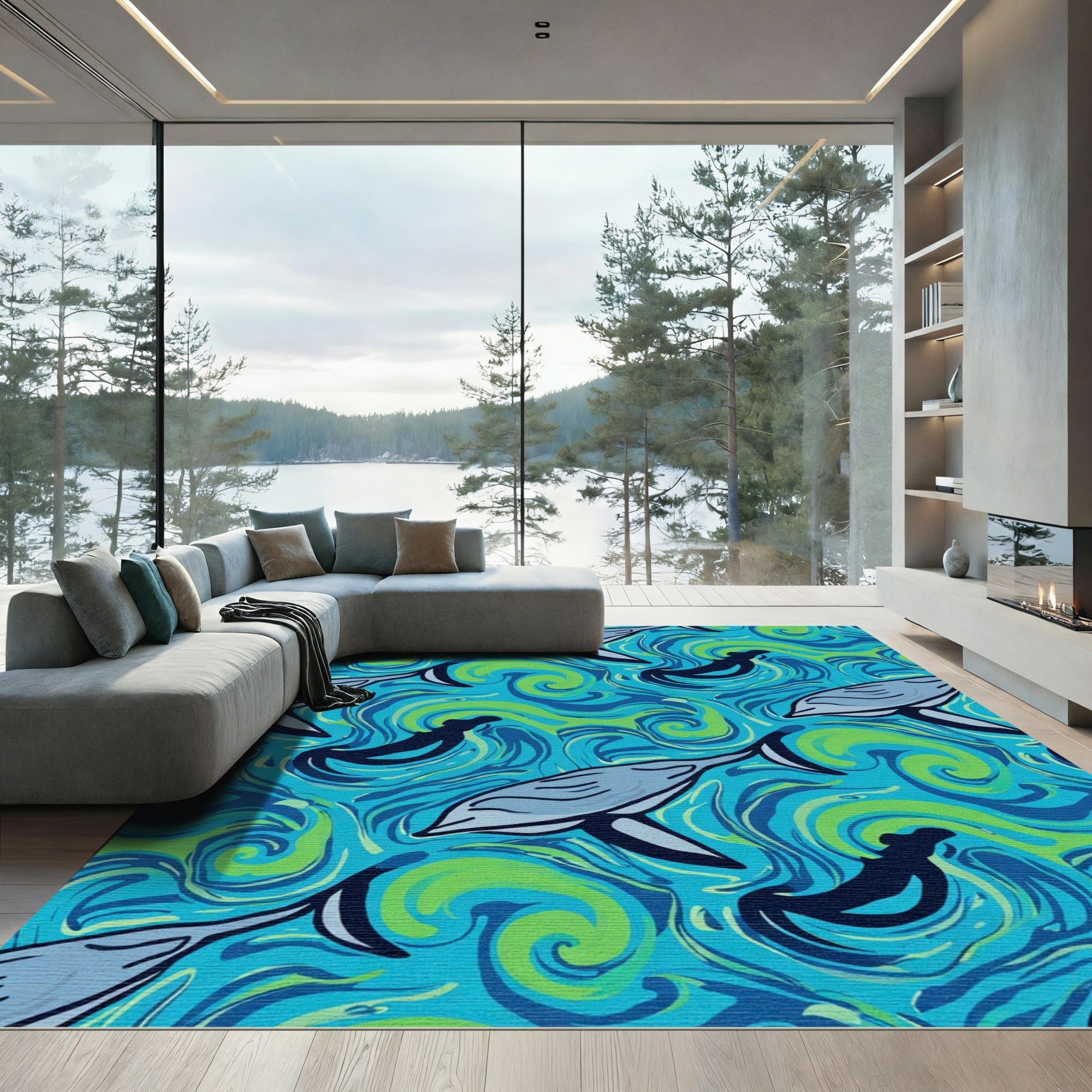 Blue Green Ocean Whales Swirls Rug