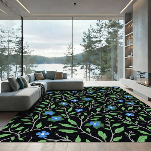 Black Blue Green Floral Vine Swirl Rug