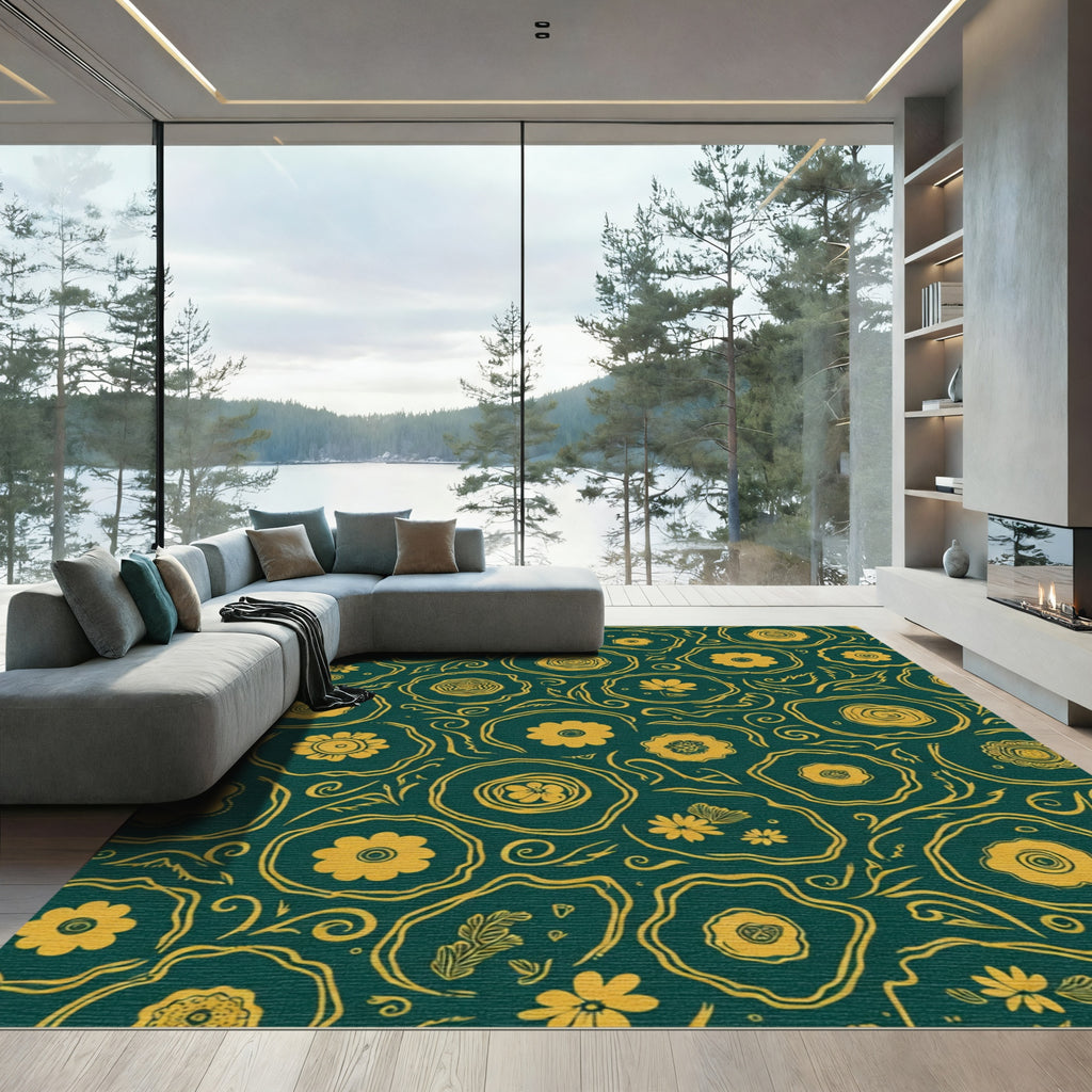 Golden Floral Swirls Teal Rug