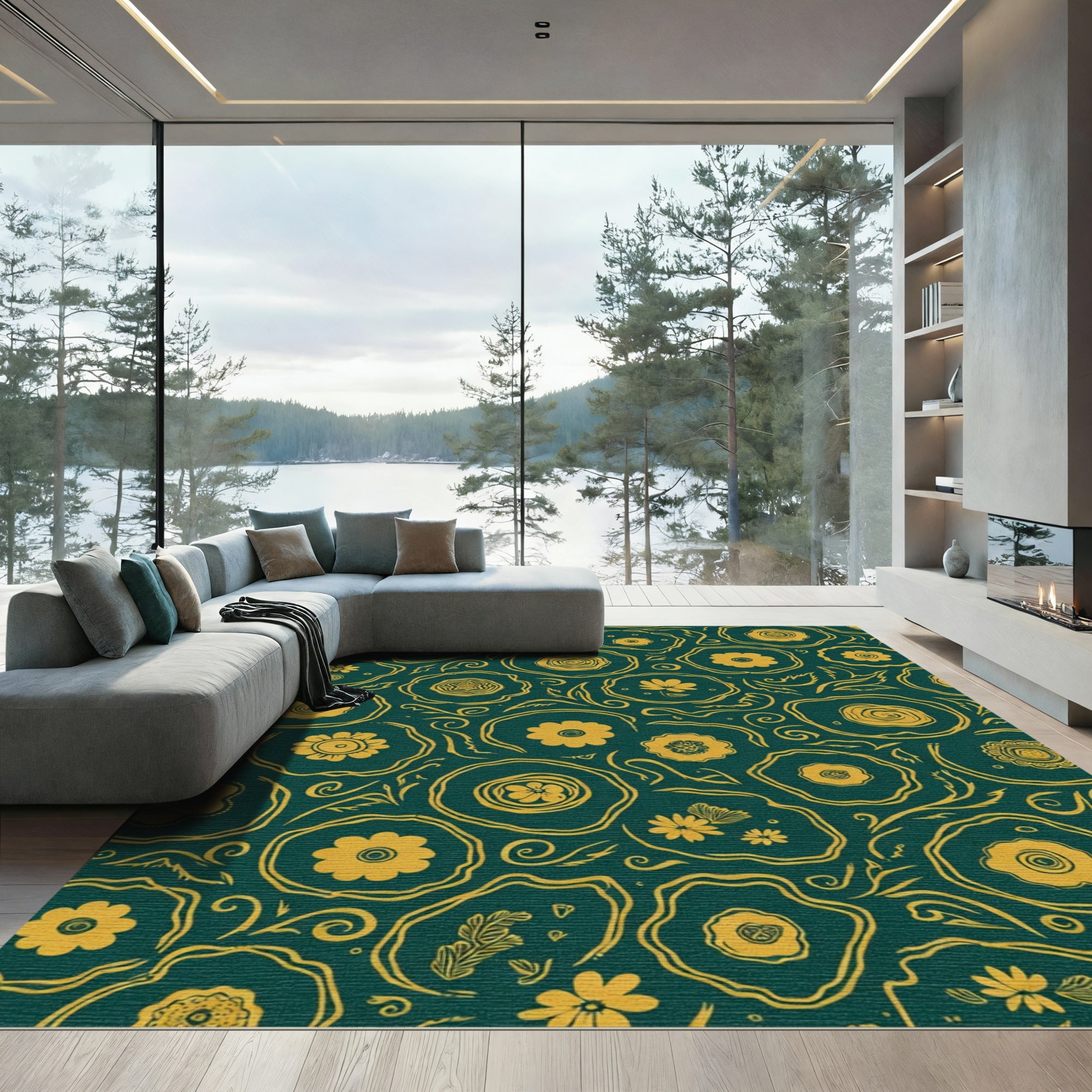 Golden Floral Swirls Teal Rug