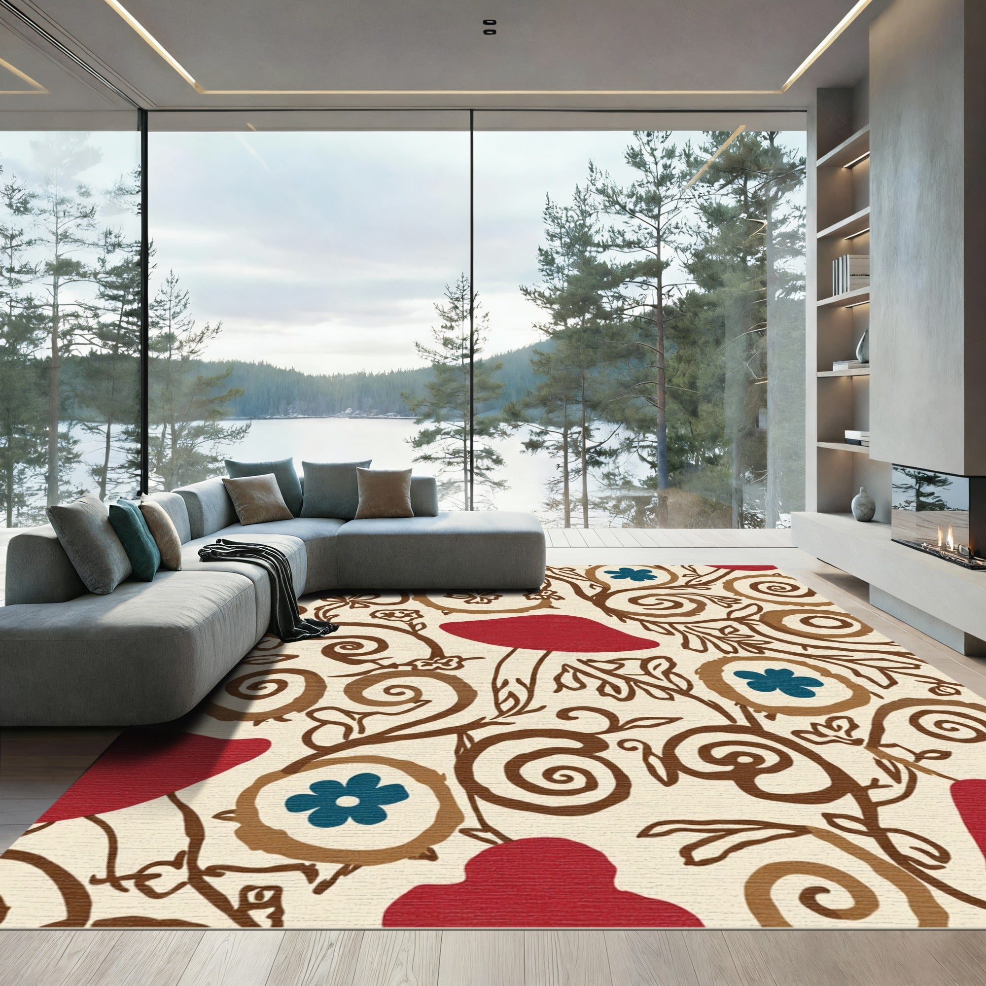 Red Mushroom Whimsical Swirl Floral Rug