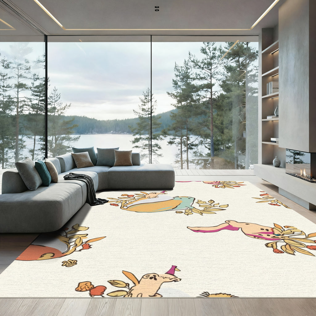 Whimsical Orange Teal Creatures Floral Scene Rug