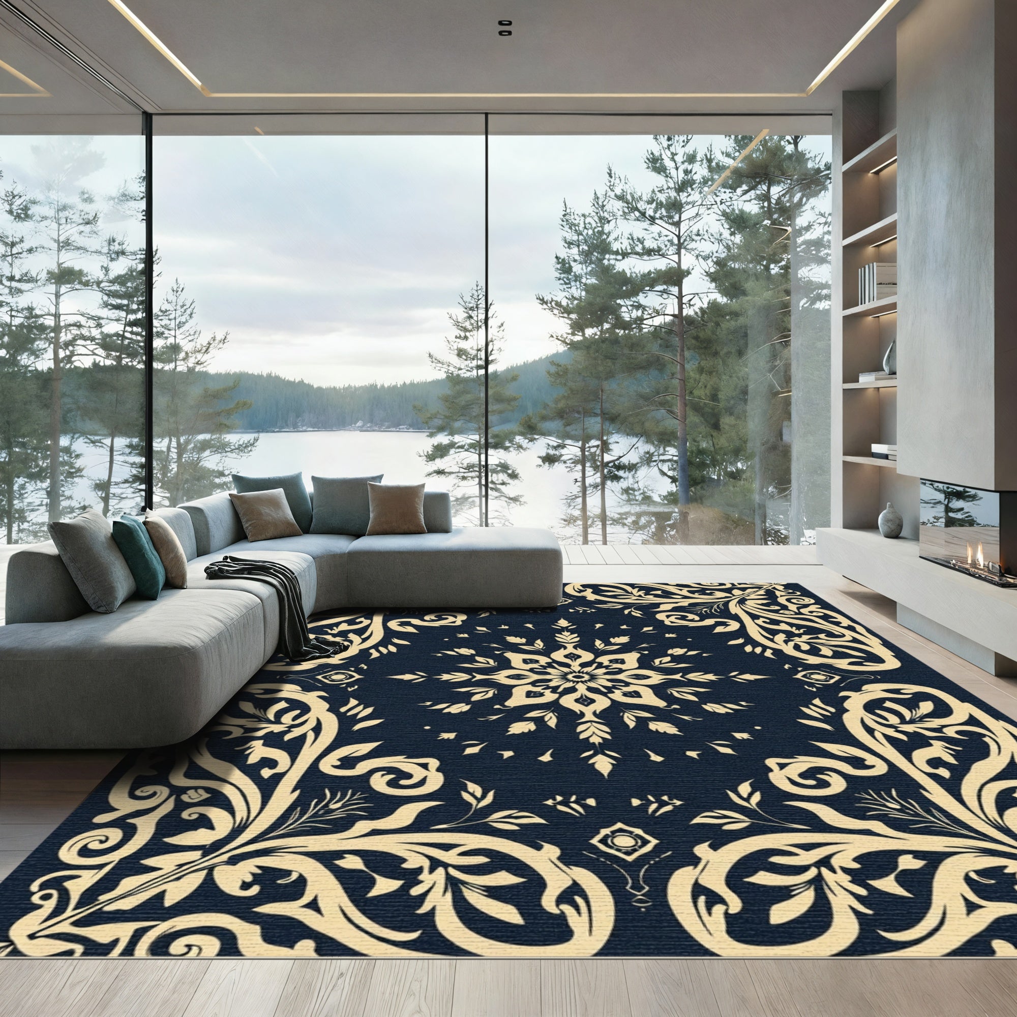 Cream Floral Medallion Navy Rug