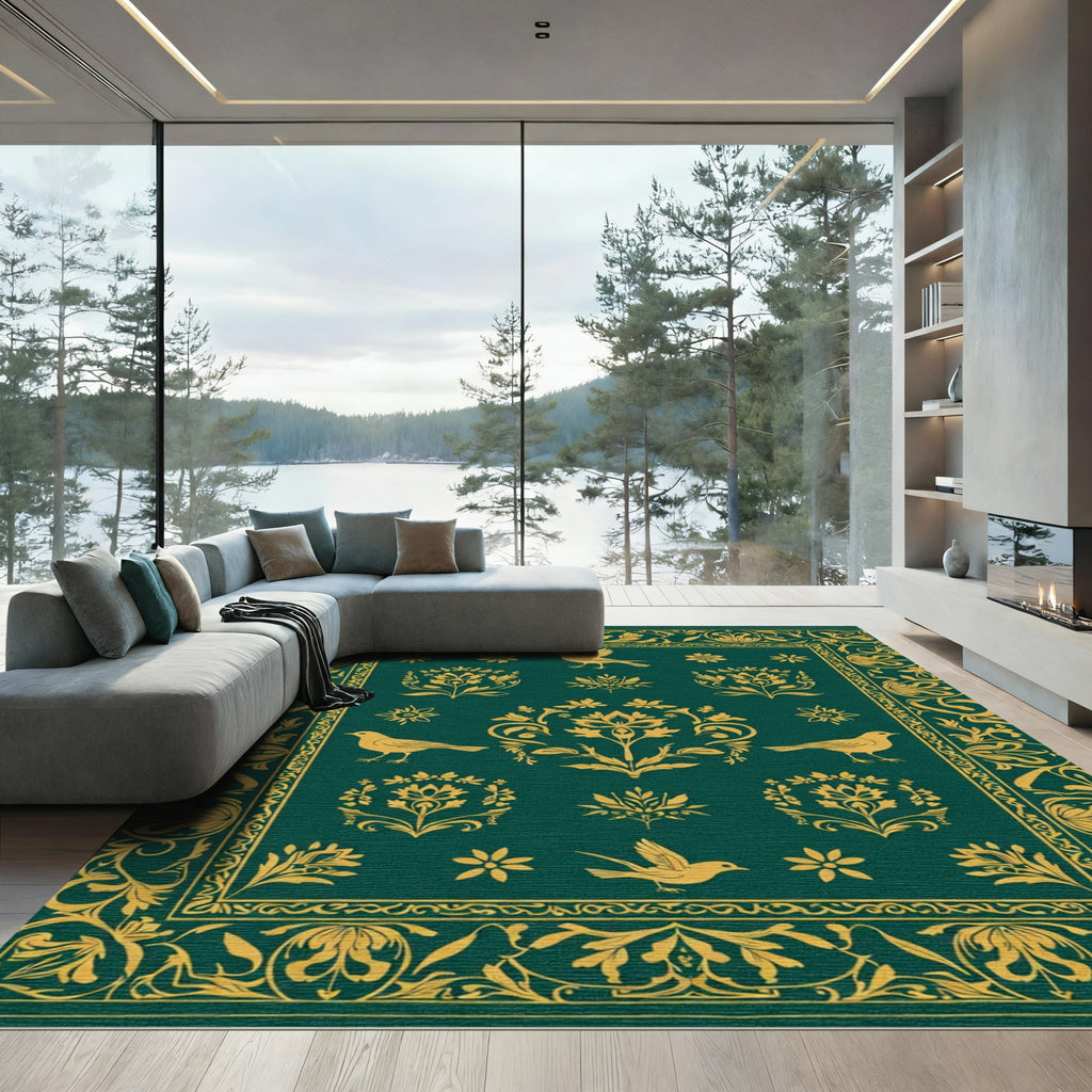 Golden Bird Floral Border Rug