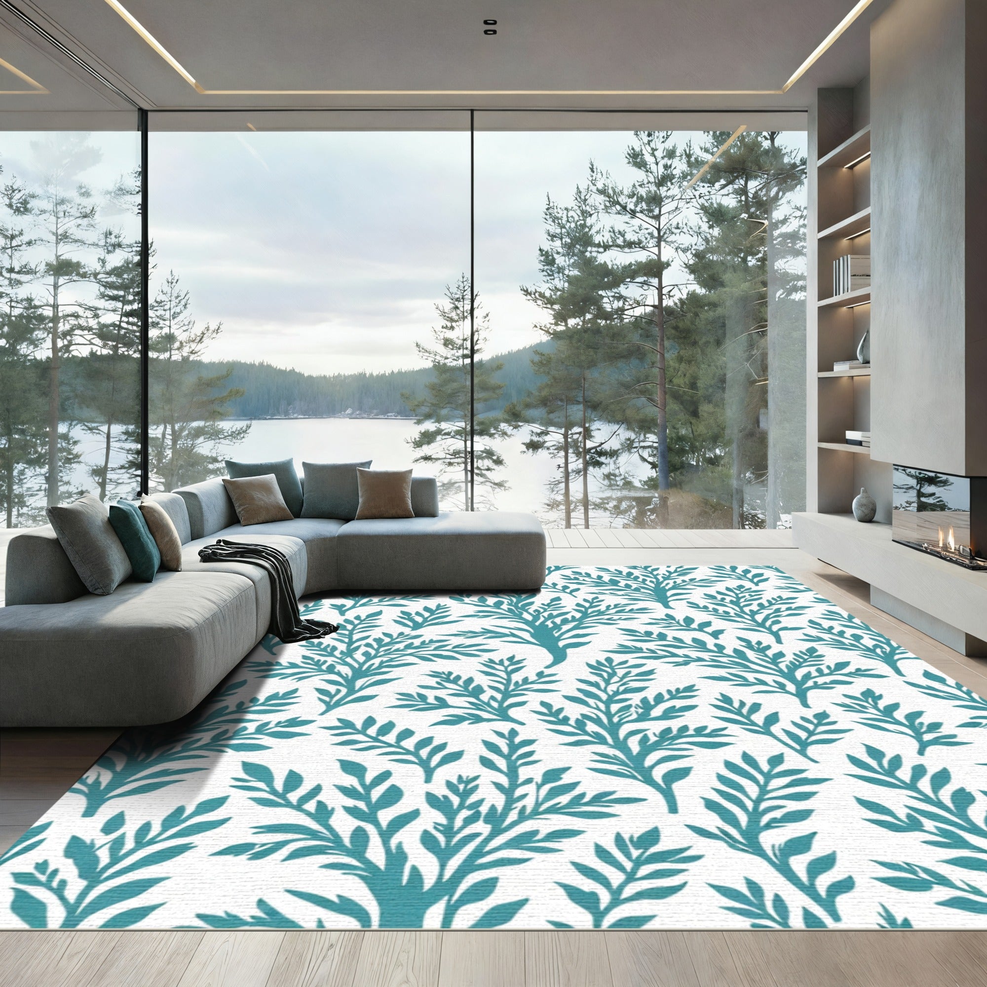 Teal Leafy Branch Repeats Rug
