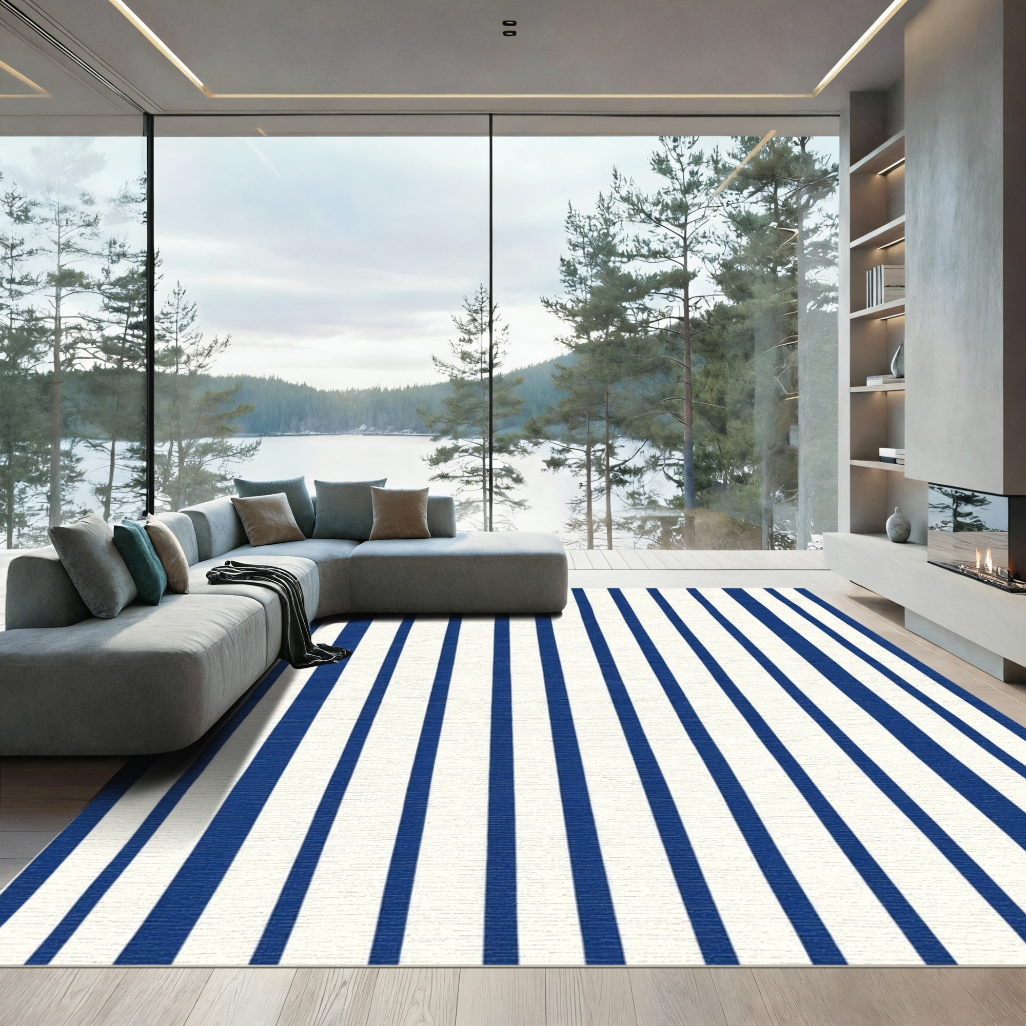 Deep Blue White Vertical Stripe Rug