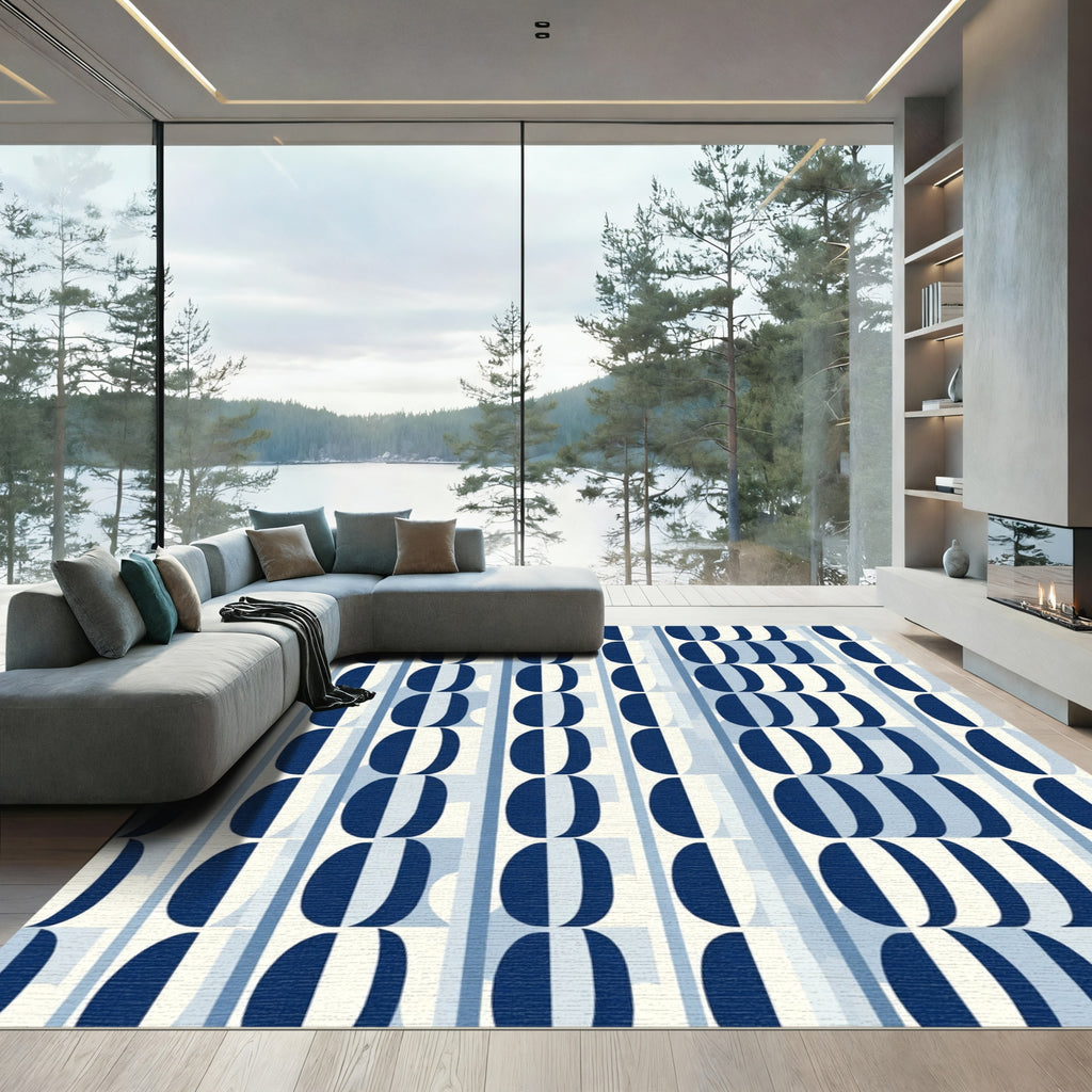 Indigo Navy Abstract Oval Stripes Rug
