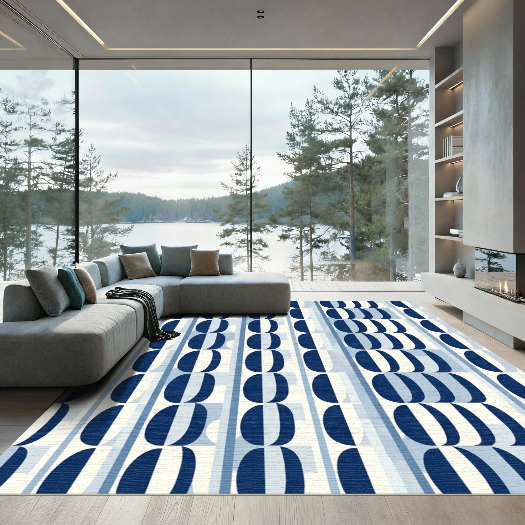 Indigo Navy Abstract Oval Stripes Rug